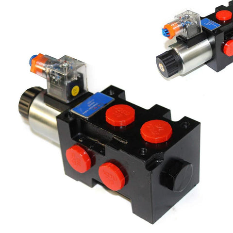 Front view of a 12V DC hydraulic solenoid selector valve: black block with red caps, silver solenoid coil, blue label.