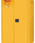 Heavy Duty Flammable Liquid Safety Storage Cabinet 90 Gallon 2 Door Yellow with warning labels for safe chemical storage.