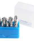 82 Degree 6 Flute HSS Countersink Set, 8 Pack, Precision Ground Countersinks in blue case, sizes from one quarter inch to one inch