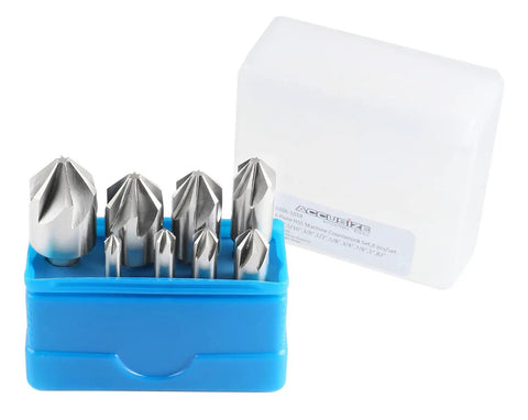 82 Degree 6 Flute HSS Countersink Set, 8 Pack, Precision Ground Countersinks in blue case, sizes from one quarter inch to one inch