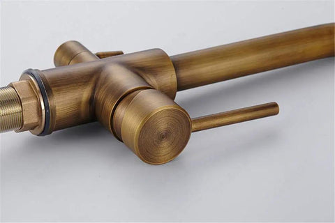 360-Degree Rotating Antique Bronze Kitchen Faucet Water Purifier 3-Way Dual Filter Tap close-up of valve and handle detail.