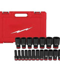 Must Have 19Pc Deep Impact Socket Set With 6 Point SAE Sizes For Milwaukee Driver Tool, Perfect Heavy Duty Kit For Tough Bolt Jobs And High Torque Automotive Repair Work Guaranteed To Get The Job Done Without Fitting Problems. 19-piece black impact sockets in red case