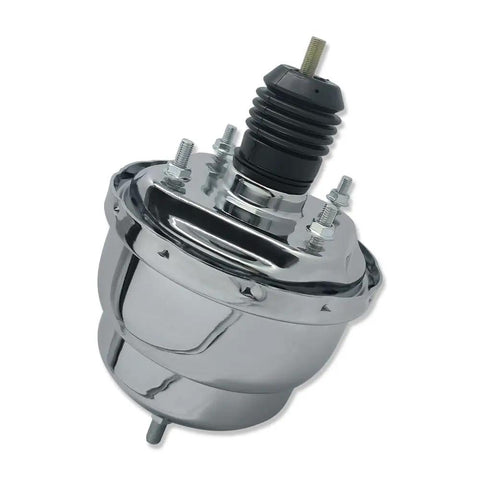 Premium Universal 7 Inch Dual Diaphragm Power Brake Booster Chrome Steel Finish With Sick Stopping Power And Heavy Four Bolt Mount For Street Rods And Custom Builds, side view.