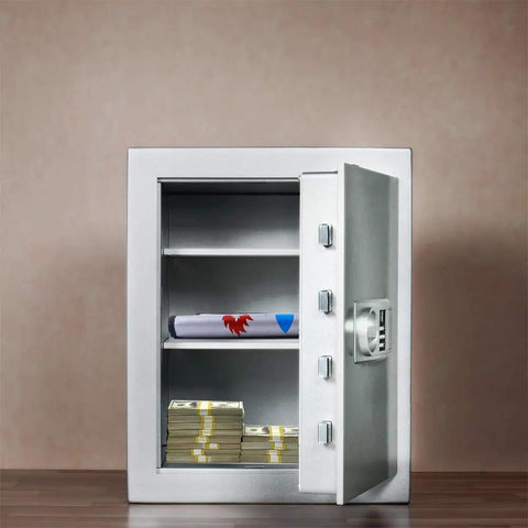 Open safe with stacks of cash and documents, representing Heavy Duty Fireproof Document Bag For Cash And Files use