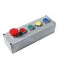 NFRFK cast aluminum push-button control box with colored buttons: red emergency, red, green, yellow, blue – front view.