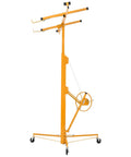 Front view of a yellow drywall lift with adjustable telescoping arm, hand-crank winch, and wheeled base.