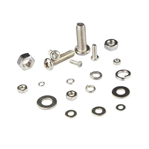 Assorted components from 320 Piece Metric Alloy Nut And Bolt Assortment Kit With M2 Through M5 Pan Head Screws, Nuts, Washers for DIY use