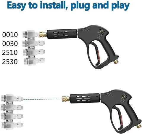 Four Way Pressure Washer Nozzle With One Fourth Inch Quick Connect For 4 GPM Units showing four nozzle sizes beside a spray gun.