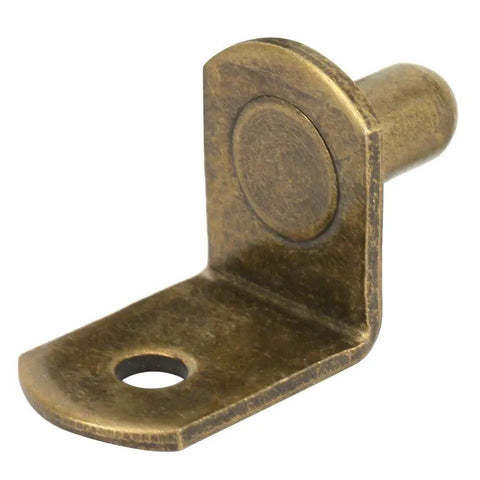 Rock Solid Quarter Inch Shelf Support Pegs For Cabinet Pins And Closet Organizers L Shaped Heavy Duty Bracket in antique brass finish.