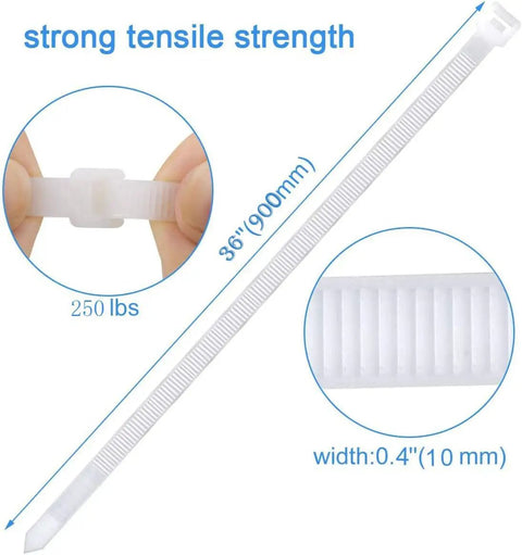 36 Inch White Zip Ties Heavy Duty Outdoor Use Cable Ties 250 Lbs Tensile Strength Thick Nylon Zipties Weatherproof