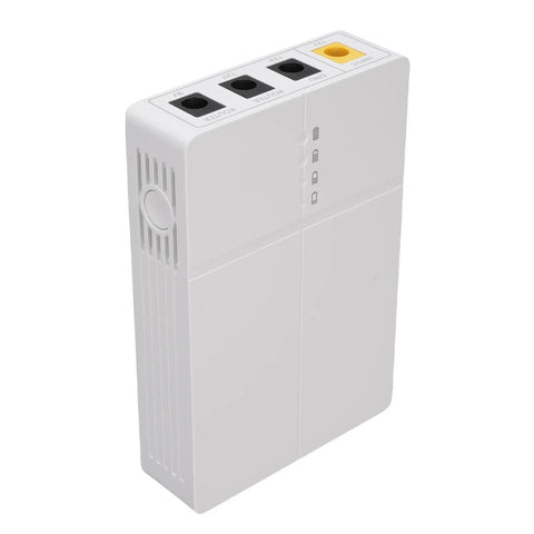 Rock Steady Mini Ups Power Bank Keeps Your Router And Modem Pumping Smooth Through Power Blackouts With A Beefy 6000Mah Reserve For Up To Five Hours Of Worry Free Internet Access Plug And Play Magic in white color, showing ports and indicators.