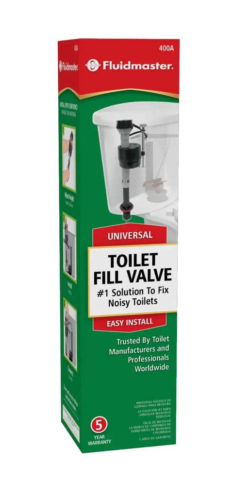 400A Anti-Siphon Universal Toilet Tank Fill Valve Black packaging with installation guide illustration.