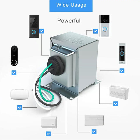 16V 30VA Hardwired Doorbell Transformer For Your Home Setup with wiring connections, compatible with smart video doorbells and chimes.