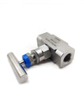Stainless steel high-pressure needle valve with blue knob, 6000 PSI, panel-mount 1/4–1/2 in. female thread, 3/8 in. G through-board.