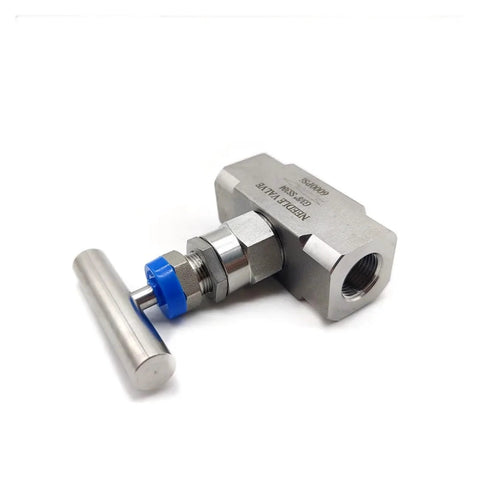 Stainless steel high-pressure needle valve with blue knob, 6000 PSI, panel-mount 1/4–1/2 in. female thread, 3/8 in. G through-board.