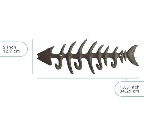Heavy Duty Cast Iron Wall Hook Rack Featuring A Badass Fish Bone Skeleton Layout With Four Chunky Rustic Hooks And Rock Solid Mounting Hardware For Barns Or Workshops, dimensions shown.