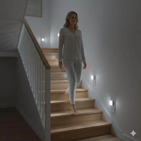 Woman walking down stairs with Plug In LED Night Light With Auto Dusk To Dawn Sensor Adjustable Brightness And Color Temperature