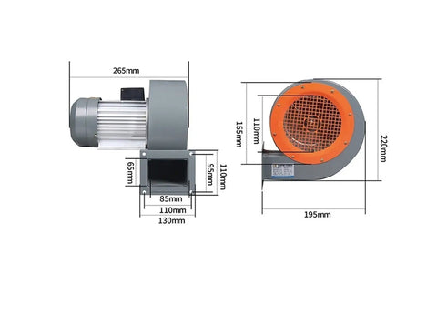 Heavy Duty Industrial Centrifugal Blower Fan with size and dimension details for smoke exhaust and water damage restoration.