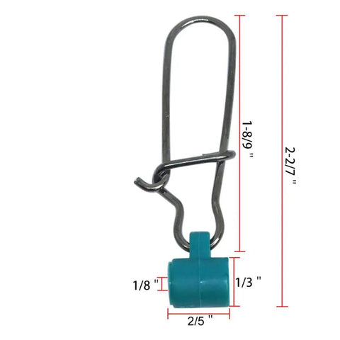 Fishing line sinker slide with Duo Lock snap, green, measurements shown, part of 100 pieces fishing line sinker slides kit.