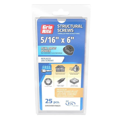 5/16 Inch By 6 Inch Heavy Duty Structural Screw With Dual Drive Power Hex And Washer Star Drive Head PrimeGuard Plus Weather Resistant Coating Self Starting Type 17 Point ICC ESR 393 Compliant 25 Count Grip-Rite packaging front view