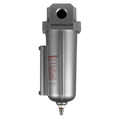 Heavy Duty 1/2 Inch Compressed Air Line Moisture And Water Filter Trap with a metal casing and visible drain connection.