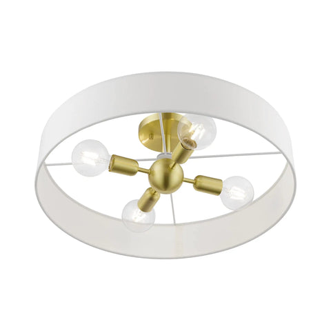 4 Light Brushed Nickel Semi Flush Mount Ceiling Fixture With Off White Fabric Hardback Shade, Venlo Collection, Canopy Diameter 5.125 Inches, Bulbs Not Included