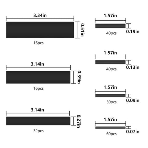Diagram of 127-Piece Marine Grade Heat Shrink Tubing Kit With 2 To 1 Shrink Ratio Includes 2.0mm to 13.0mm sizes, shows lengths