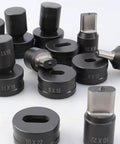 Various sizes of oval punch dies for hydraulic machines, including Oval Hole Punch Die For CH-70 Hydraulic Punching Machine, displayed on a surface.