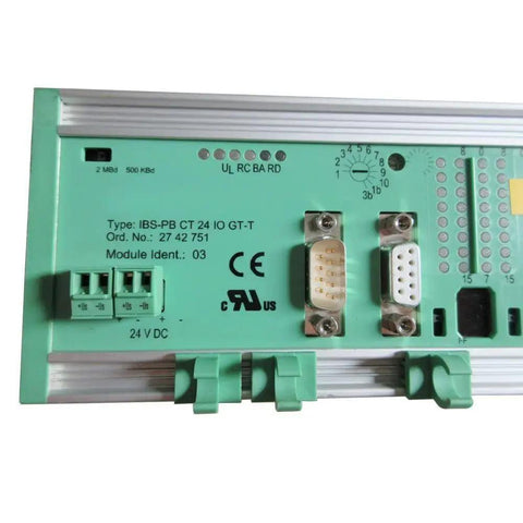 Industrial Component Built For Real-World Automation With Ready-To-Roll Reliability, Seamless System Integration, And Durable Rugged Control Networking For Smooth Factory Automation And Efficient Long-Lasting Operations. Green industrial control module with DB connectors and 24V DC terminals