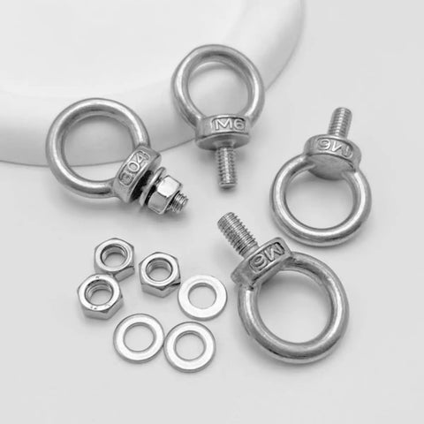 Ten Piece M6 Eye Bolts With Nuts Stainless Steel Lifting Eyebolts UNC Heavy Duty Marine Grade Shoulder Ring Eyebolts shown with washers