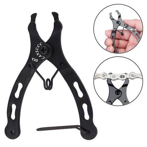 Bike Chain Repair Tool Kit With Link Pliers And Five Pairs Quick Link Connectors For 10 Speed Chains, showing black pliers detail.