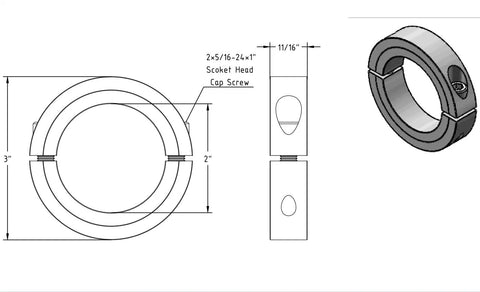 2 Inch Shaft Collar Double Split Set Screw Carbon Steel With Allen Wrench diagram showing dimensions and structure