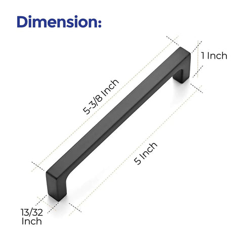 Fifty Pack Matte Black Cabinet Pulls With Five Inch Hole Centers Square Bar Drawer Handles For Kitchen Cabinets And Dressers DIY Friendly Solid Hardware Easy To Install With Included One Inch And Nine Sixteenths Inch Screws, dimension diagram