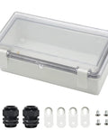 Tough As Nails IP65 Waterproof Junction Box With Slick Hinged Clear Cover, showing black cable glands and hardware.