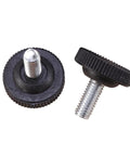 Badass Heavy Duty Adjustable Furniture Levelers With Tee Nuts Kits Black Steel And Rubber Pads For Killing Wobble On Cabinets Tables Chairs Workbenches Quick Setup close-up of adjustable levelers with black plastic tops and threaded metal screws.