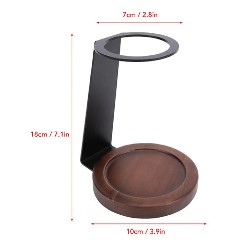 Kickstart Your Morning Routine With This Top Shelf Pour Over Coffee Dripper Stand, Smooth Operator Aluminum And Genuine Wood Filter Holder Rack showing dimensions and material details.