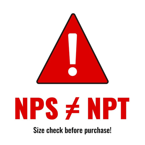 Red warning sign with exclamation mark and text 'NPS ≠ NPT' for 1/2 Inch Brass Pipe Extension Fittings Male To Female NPS Nipple Adapter caution.