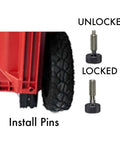 Close-up of locking and unlocking Packout Handle Release Pins Kit for Tool Boxes and Rolling Tool Chests next to toolbox wheel.