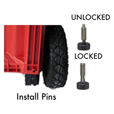 Close-up of locking and unlocking Packout Handle Release Pins Kit for Tool Boxes and Rolling Tool Chests next to toolbox wheel.