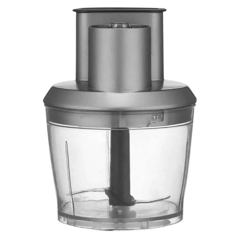 Game Changing Variable Speed Immersion Blender With 4 Cup Food Processor Plus Pro Whisk 400 Watt Powerhouse clear 4 cup processor bowl with gray lid.