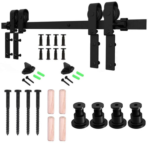 20 Foot Bypass Sliding Barn Door Hardware Kit For Double Doors, Single Track, Flat J Shape Hangers, Quiet Rollers, Carbon Steel