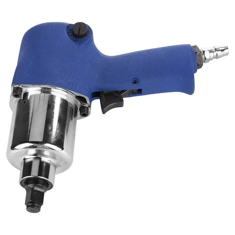 Close-up of Real Deal Half Inch Drive Pneumatic Impact Wrench, blue ergonomic handle, chrome finish, for efficient nut removal.