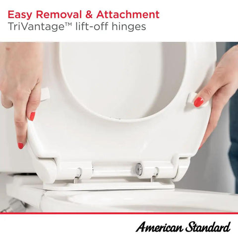 Hands demonstrating TriVantage lift-off hinges on Slow Close Elongated Toilet Seat With No Slam Quiet Operation And Soft Close