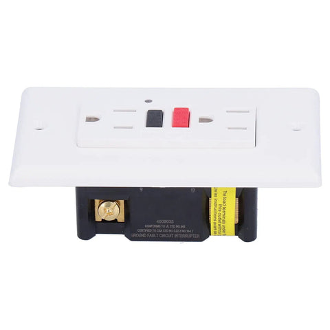 Pro Grade GFCI Smart Ground Fault Protection Socket For Indoor Outdoor Use with white receptacle and red reset button.