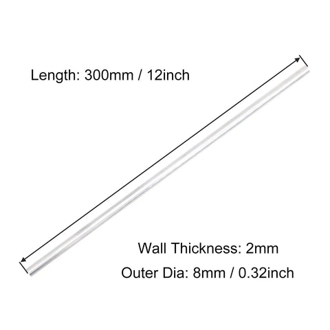 8mm OD 6063 Aluminum Round Tube, 2mm wall, 12 inch length, seamless pipe tubing for DIY projects, set of 2 shown in diagram.