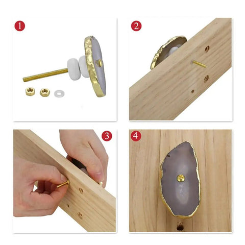 Natural Agate Stone Drawer Knobs With Slick Gold Plated Edge Decorative Cabinet Hardware No Hassle Screw Install For Dressers Wardrobes Super Smooth Durable Finish Hella Stylish Home Upgrade installation process with knob and screw components