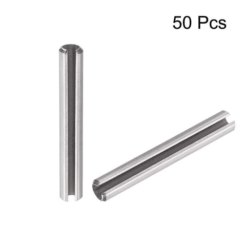 Slotted Spring Pin Set M2.5 X 30mm 304 Stainless Steel Tension Pin Split Dowel Pins Plain Finish 50Pcs displayed separately.