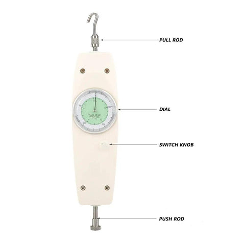 High Capacity 500N Force Gauge With Analog Dial Dynamometer And Optional Digital Readout, Workhorse Push Pull Tester For Precise Force Measurement, Handy Handheld Clamp Mountable Instrument For Electronics And Appliance Testing, white body with pull rod and dial