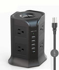 Slick Vertical Surge Protector Power Strip With Eight US Outlets Independent Smart Switches Hella Solid Build Includes Six Point Five Foot Cable, vertical design with USB ports.
