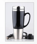 Top Shelf 50 Watt Stainless Steel Car Kettle And Portable Electric Water Heater For Drivers With Big Time Heat Insulation Quick Boil Action And Rock Solid Durability. Black travel mug with stainless steel bottom and plug.